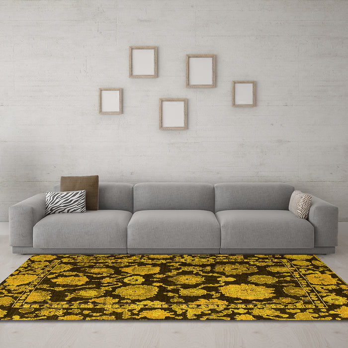 Machine Washable Oriental Yellow Traditional Rug in a Living Room, wshabs5116yw