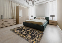 Abstract Dark Almond Brown Oriental Rug in a Bedroom, abs5117