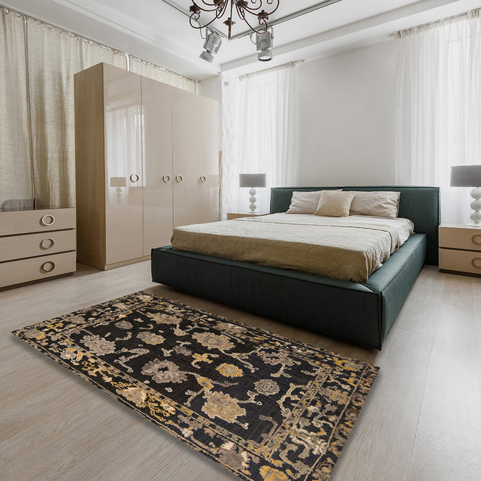 Abstract Dark Almond Brown Oriental Rug in a Bedroom, abs5117