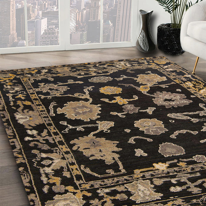 Abstract Dark Almond Brown Oriental Rug in Family Room, abs5117