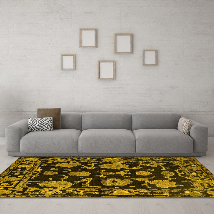 Machine Washable Oriental Yellow Traditional Rug in a Living Room, wshabs5117yw