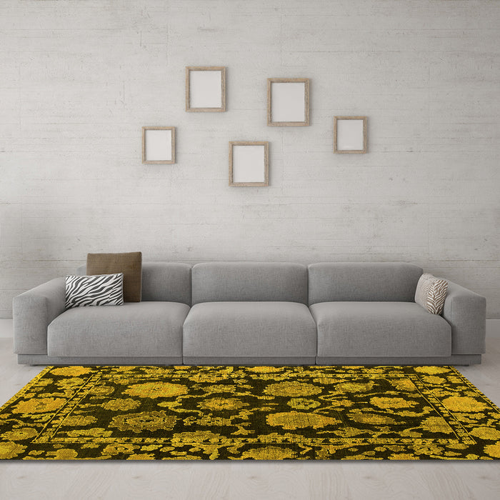 Machine Washable Oriental Yellow Traditional Rug in a Living Room, wshabs5118yw