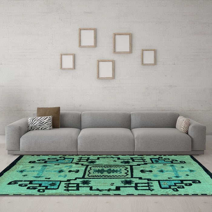 Machine Washable Abstract Turquoise Modern Area Rugs in a Living Room,, wshabs5128turq
