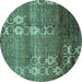 Round Machine Washable Abstract Turquoise Modern Area Rugs, wshabs512turq