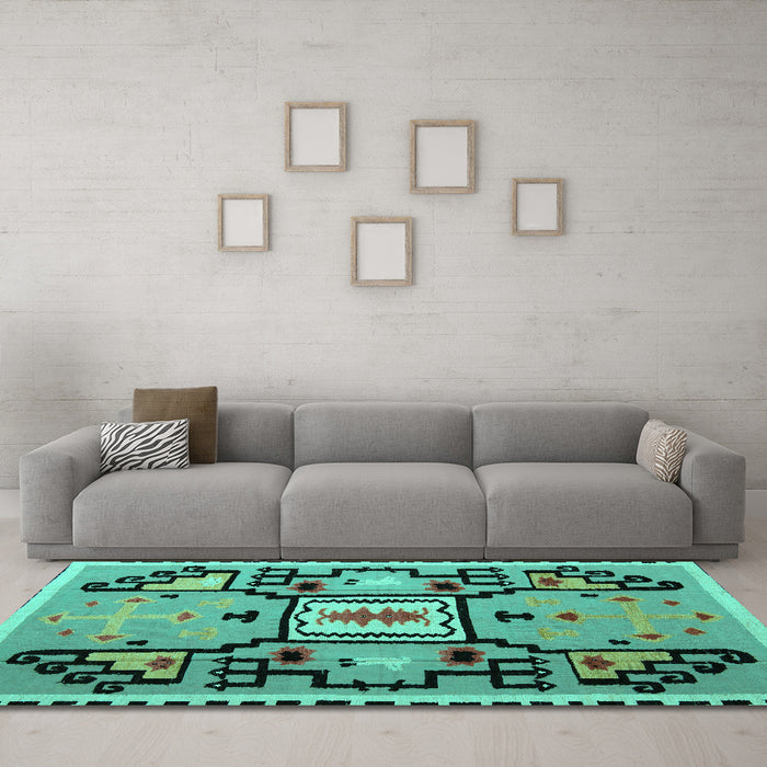 Machine Washable Abstract Turquoise Modern Area Rugs in a Living Room,, wshabs5131turq