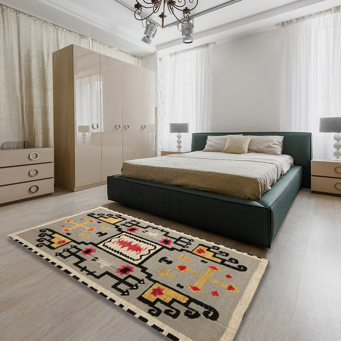 Abstract Coffee Brown Modern Rug in a Bedroom, abs5131