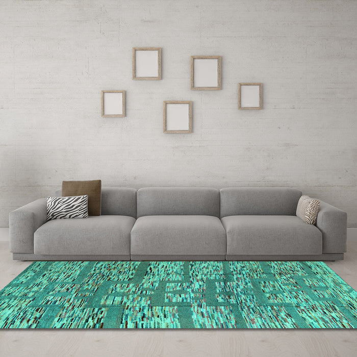 Machine Washable Abstract Turquoise Modern Area Rugs in a Living Room,, wshabs5133turq
