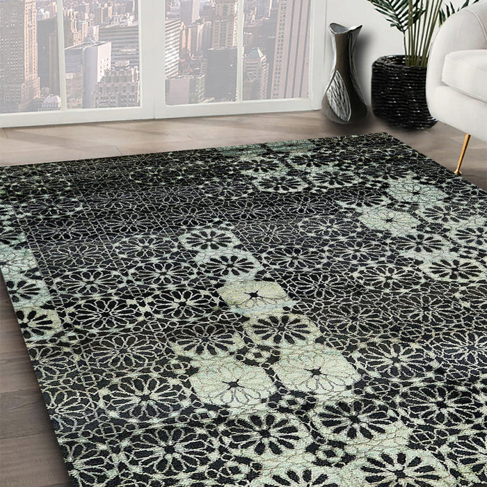 Abstract Dark Sea Green Modern Rug in Family Room, abs513