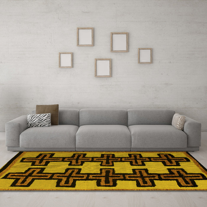 Machine Washable Abstract Yellow Modern Rug in a Living Room, wshabs5140yw