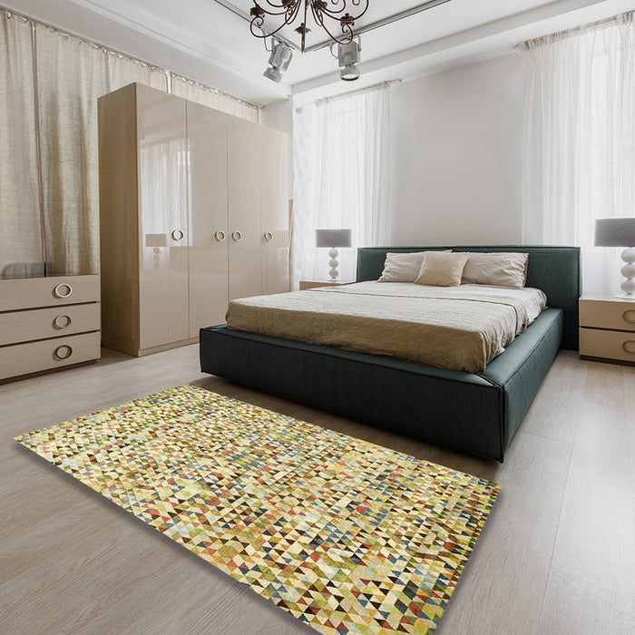 Abstract Brown Gold Modern Rug in a Bedroom, abs515