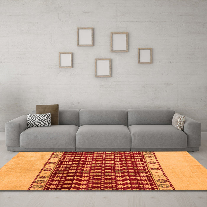 Machine Washable Abstract Orange Modern Area Rugs in a Living Room, wshabs5167org