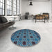 Round Machine Washable Abstract Koi Blue Rug in a Office, wshabs5174