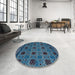 Round Machine Washable Abstract Silk Blue Rug in a Office, wshabs5176