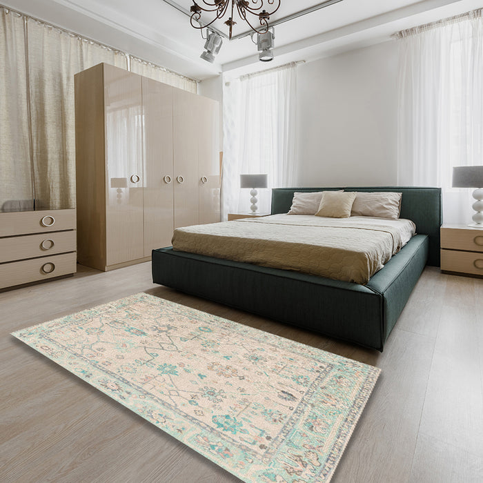 Abstract Tan Brown Gold Oriental Rug in a Bedroom, abs5193