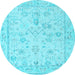 Round Machine Washable Oriental Light Blue Traditional Rug, wshabs5193lblu