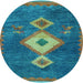 Round Machine Washable Southwestern Light Blue Country Rug, wshabs5204lblu