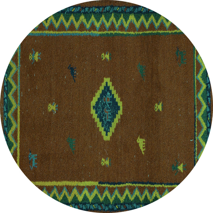 Round Machine Washable Southwestern Turquoise Country Area Rugs, wshabs5205turq
