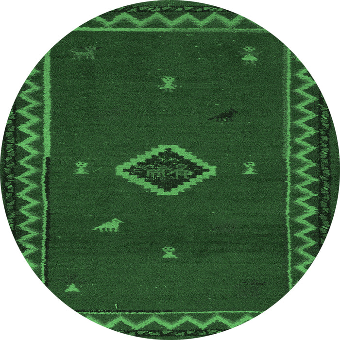 Round Machine Washable Southwestern Emerald Green Country Area Rugs, wshabs5205emgrn