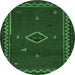 Round Machine Washable Southwestern Emerald Green Country Area Rugs, wshabs5205emgrn