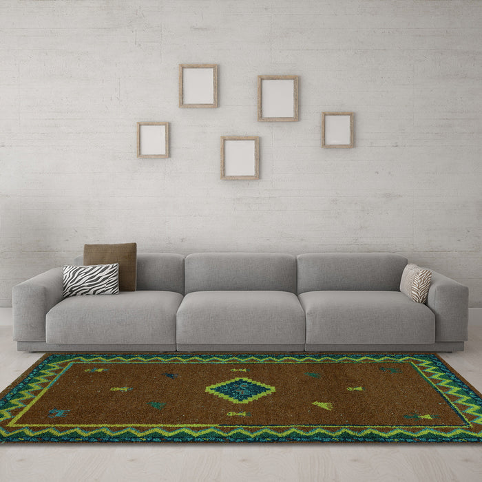Machine Washable Southwestern Turquoise Country Area Rugs in a Living Room,, wshabs5205turq
