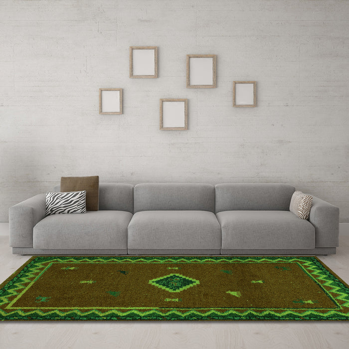 Machine Washable Southwestern Green Country Area Rugs in a Living Room,, wshabs5205grn