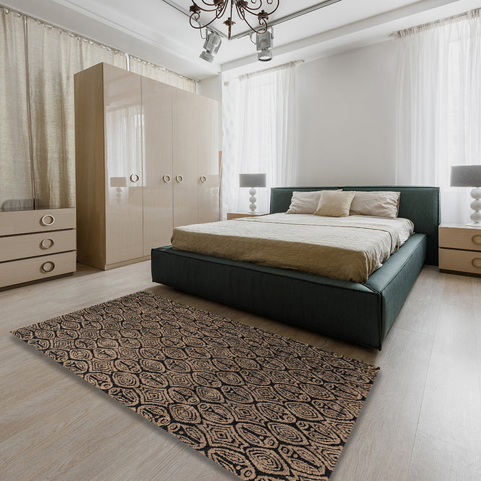 Abstract Dark Almond Brown Modern Rug in a Bedroom, abs5207
