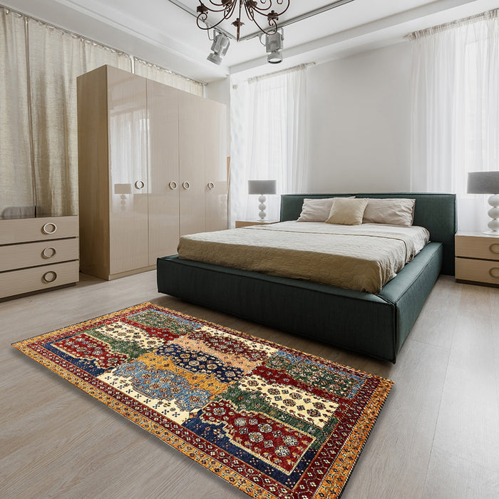 Machine Washable Abstract Vermilion Red Rug in a Bedroom, wshabs520