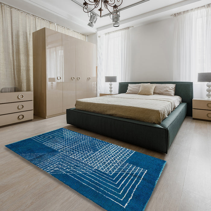 Abstract Blue Ivy Blue Modern Rug in a Bedroom, abs5210