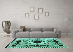 Machine Washable Southwestern Turquoise Country Area Rugs in a Living Room,, wshabs5214turq