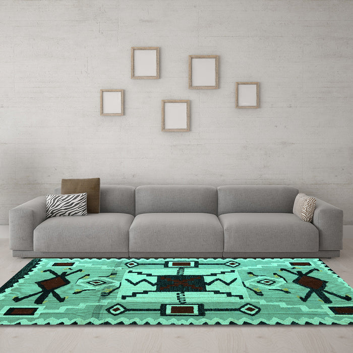 Machine Washable Southwestern Turquoise Country Area Rugs in a Living Room,, wshabs5214turq