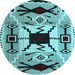 Round Machine Washable Southwestern Light Blue Country Rug, wshabs5214lblu