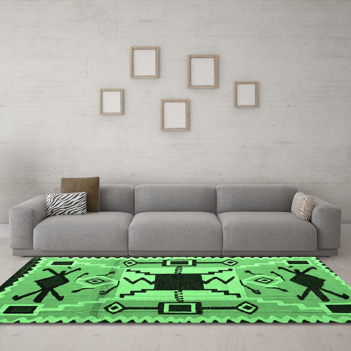 Machine Washable Southwestern Emerald Green Country Area Rugs in a Living Room,, wshabs5214emgrn