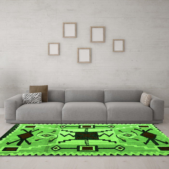 Machine Washable Southwestern Green Country Area Rugs in a Living Room,, wshabs5214grn