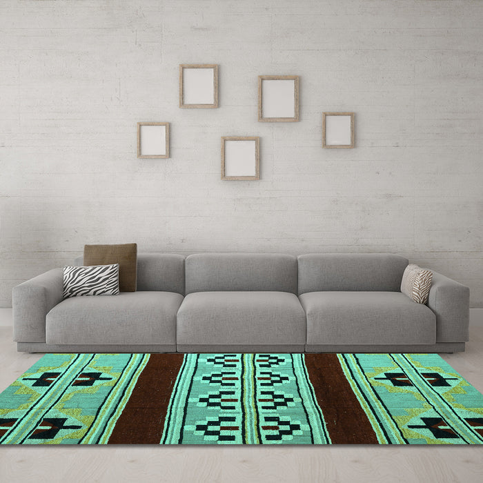 Machine Washable Southwestern Turquoise Country Area Rugs in a Living Room,, wshabs5215turq