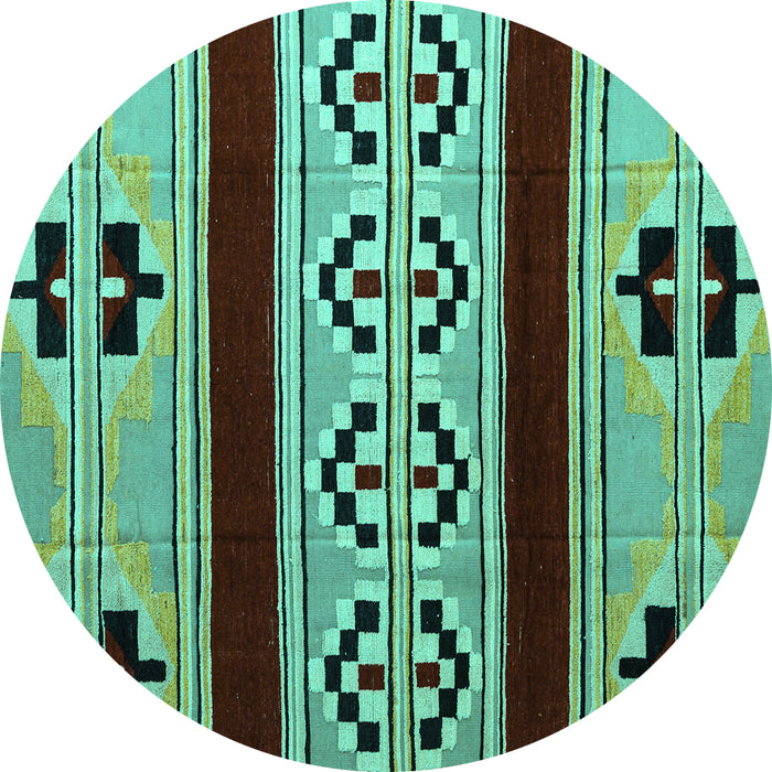 Round Machine Washable Southwestern Turquoise Country Area Rugs, wshabs5215turq