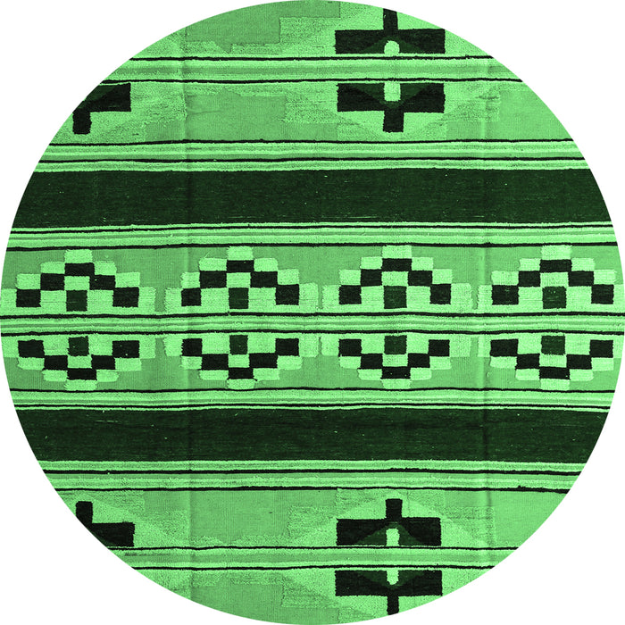 Round Machine Washable Southwestern Emerald Green Country Area Rugs, wshabs5215emgrn