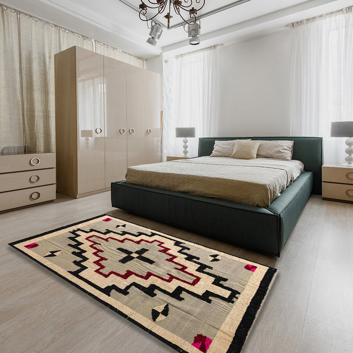 Machine Washable Abstract Dark Brown Rug in a Bedroom, wshabs5216