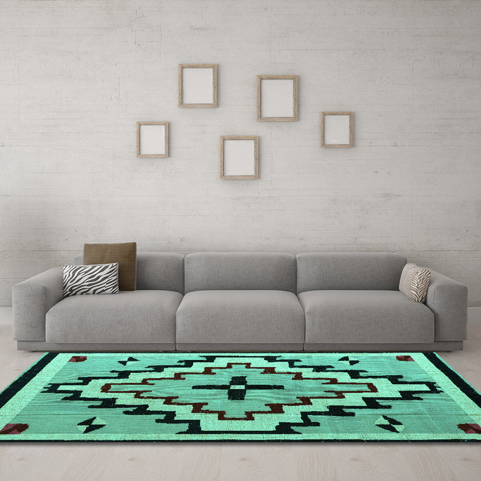 Machine Washable Southwestern Turquoise Country Area Rugs in a Living Room,, wshabs5216turq