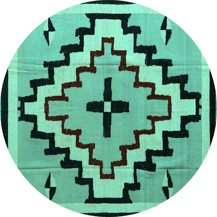 Round Machine Washable Southwestern Turquoise Country Area Rugs, wshabs5216turq
