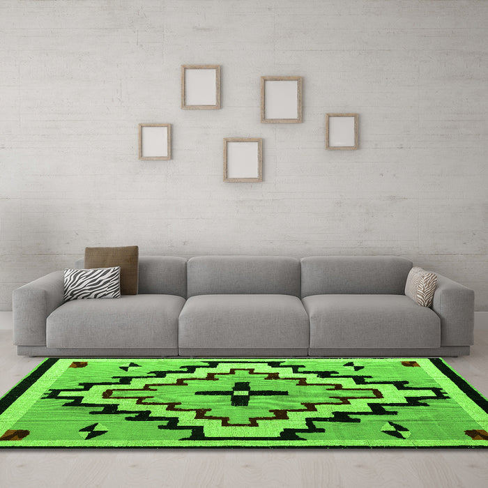 Machine Washable Southwestern Green Country Area Rugs in a Living Room,, wshabs5216grn