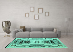 Machine Washable Southwestern Turquoise Country Area Rugs in a Living Room,, wshabs5220turq