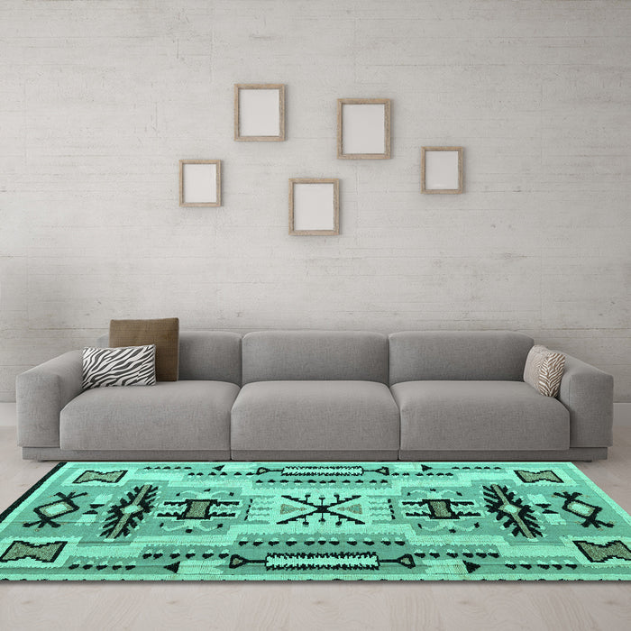Machine Washable Southwestern Turquoise Country Area Rugs in a Living Room,, wshabs5220turq