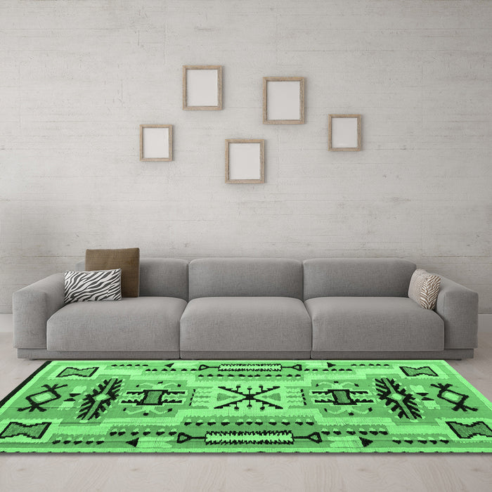 Machine Washable Southwestern Emerald Green Country Area Rugs in a Living Room,, wshabs5220emgrn