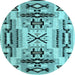 Round Machine Washable Southwestern Light Blue Country Rug, wshabs5220lblu