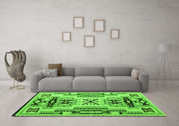 Machine Washable Southwestern Green Country Area Rugs in a Living Room,, wshabs5220grn
