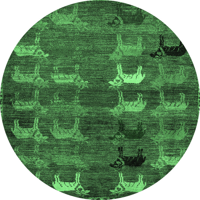 Round Machine Washable Abstract Emerald Green Modern Area Rugs, wshabs5227emgrn