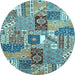 Round Machine Washable Southwestern Light Blue Country Rug, wshabs522lblu