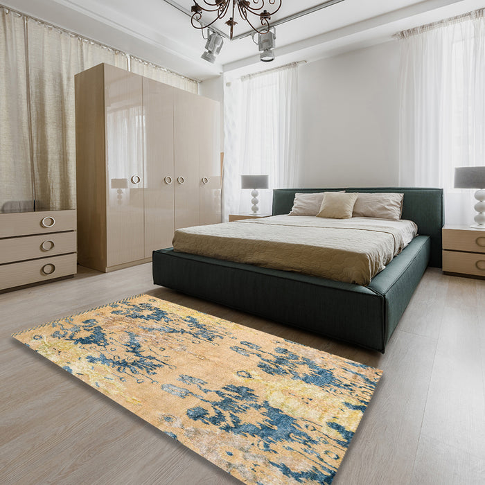 Abstract Dark Almond Brown Modern Rug in a Bedroom, abs5230