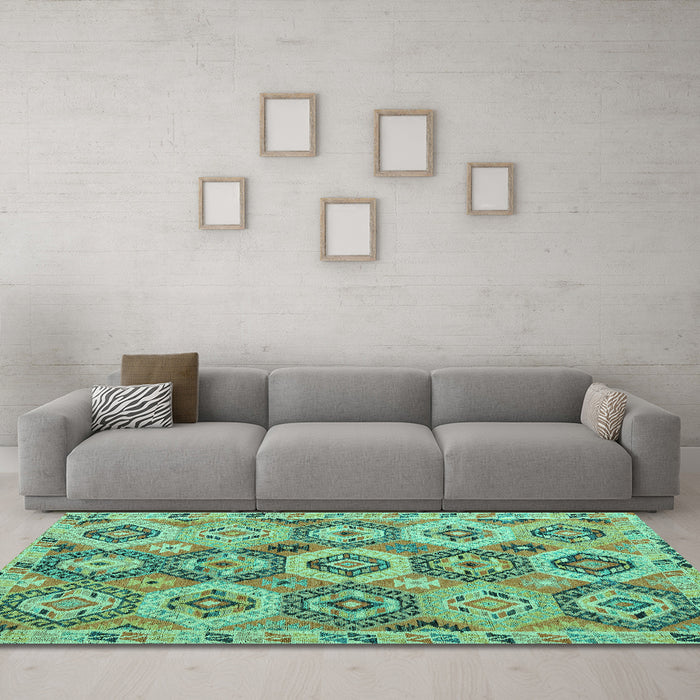 Machine Washable Southwestern Turquoise Country Area Rugs in a Living Room,, wshabs5232turq