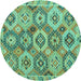 Round Machine Washable Southwestern Turquoise Country Area Rugs, wshabs5232turq